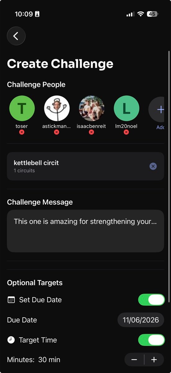 Pact app — create challenge screen: select users, workout, message, deadline, and target time