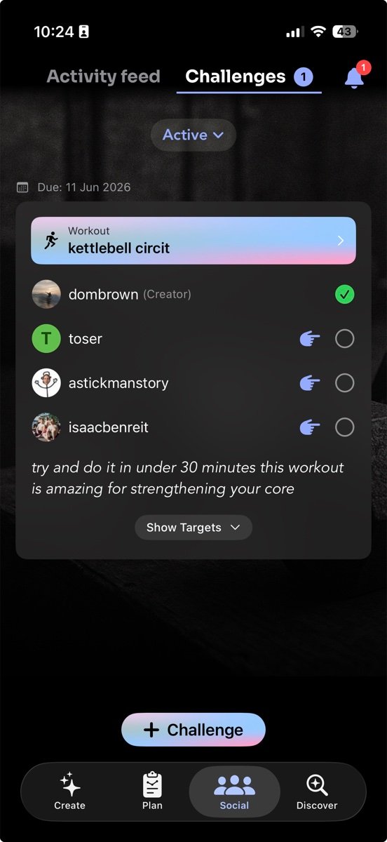 Pact app — created challenge tile showing participants who have completed and who is still pending
